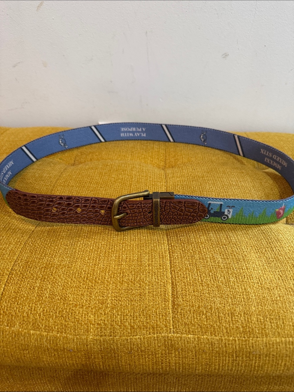 Men's Brown Leather-Trim Blue Patterned Belt by Doc Murphy golf attire🍀🍀